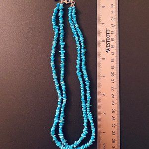 Rich Turquoise Chip Bead & Sterling Silver Double Strand Necklace, 16"+